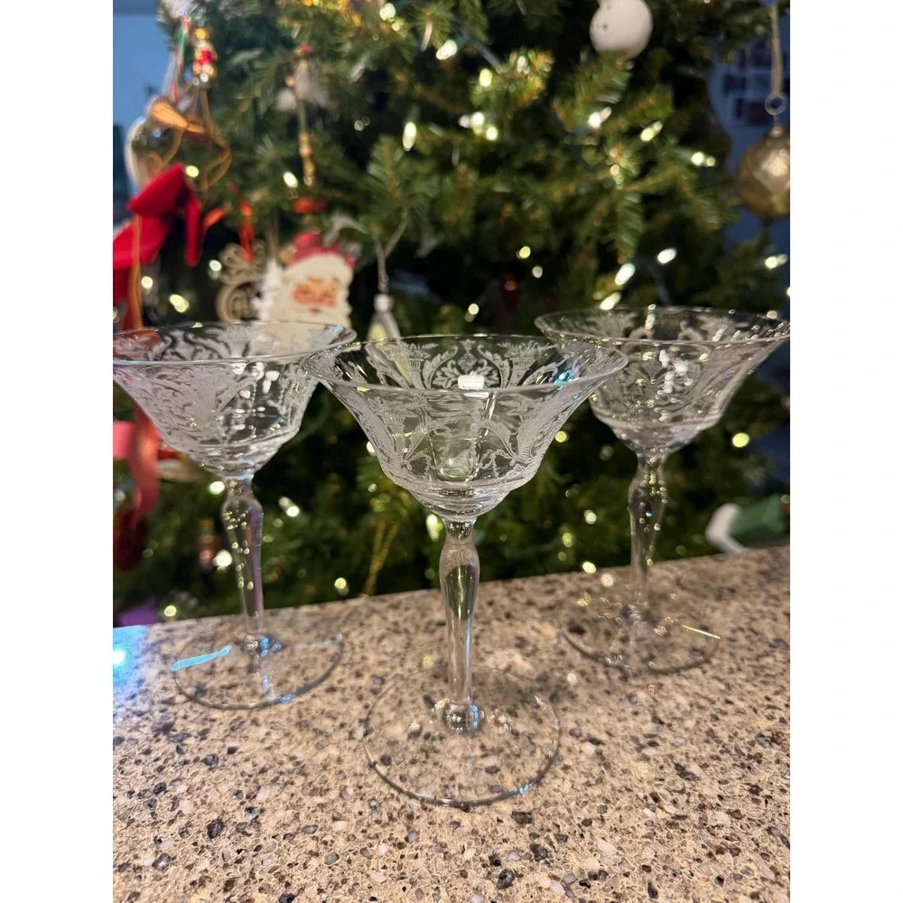 Mid Century Morgantown Milan 7668 Etched Champagne Glasses Tall Sherbet Set of 3
